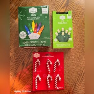 Christmas Lights 2 sets & 6 Candy Cane Mini Christmas Tree Ornaments Indoor/Out